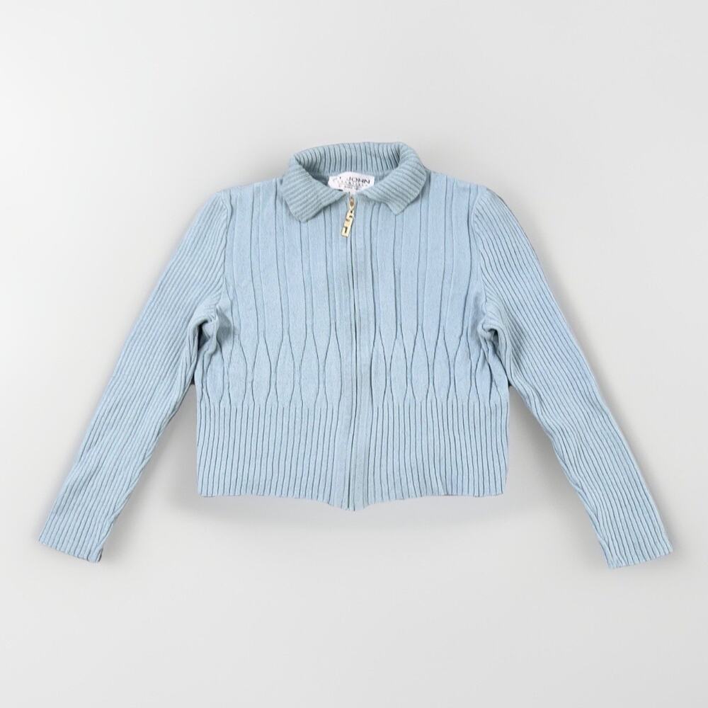 St John Essentials Ribbed Knit Jacket Womens 2 Blue Full Zip Long Sleeve